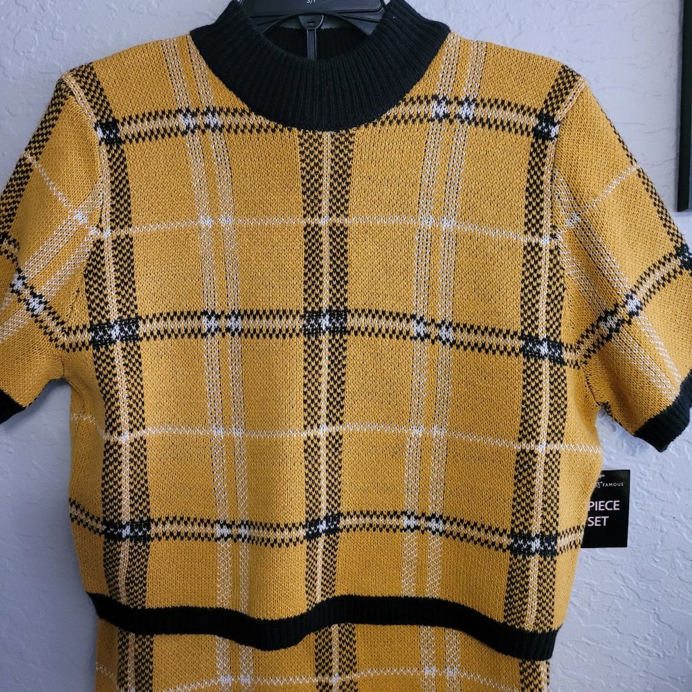 Almost Famous Women's Yellow and Black Plaid Skirt Set- Size XL